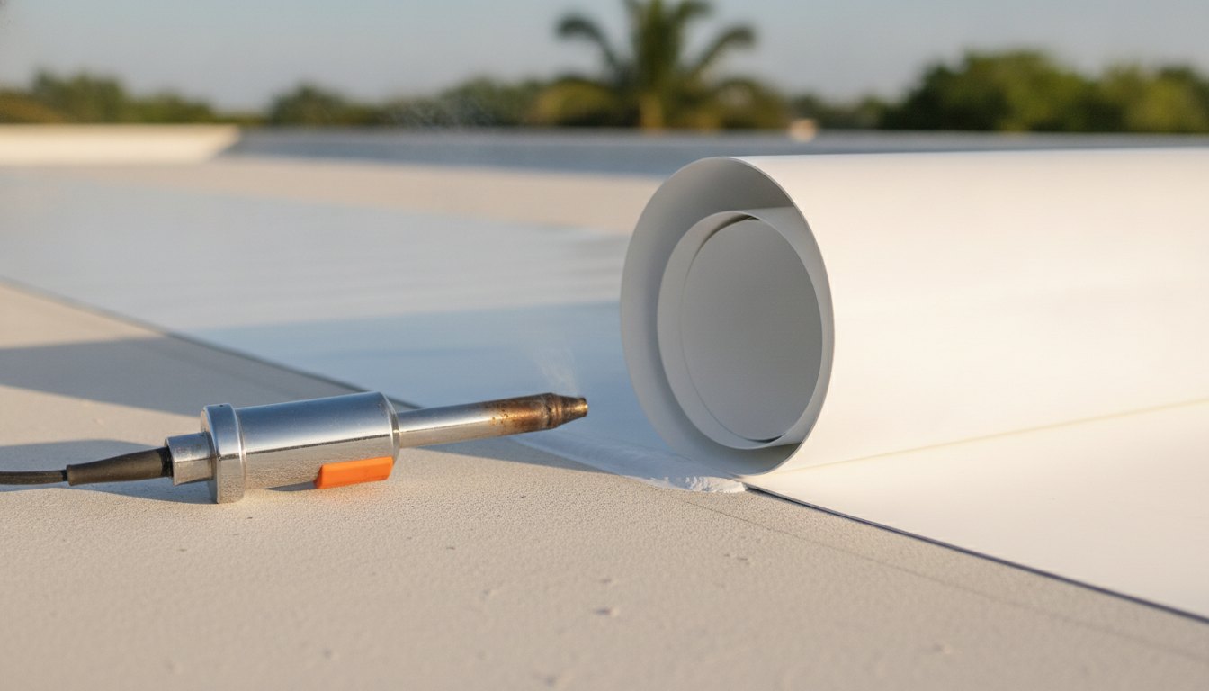 Illustration: white PVC single-ply membrane roll and a heat-welded seam on a flat roof