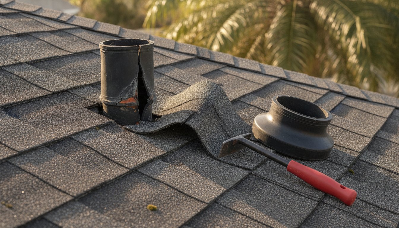 Illustration: a cracked pipe boot on a shingle roof with a replacement boot and pry bar