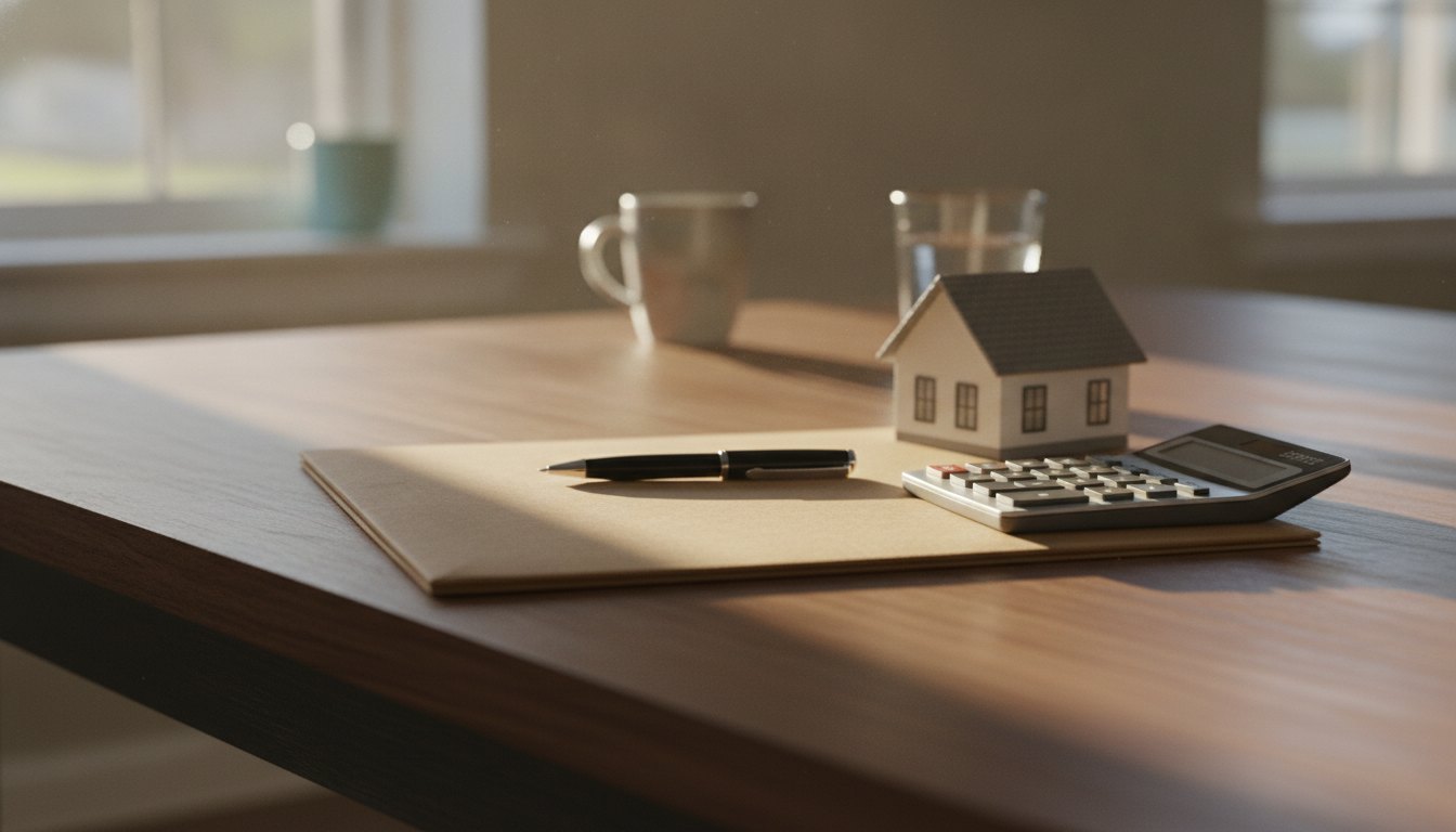 Illustration: document folder, calculator and a model house on a kitchen table