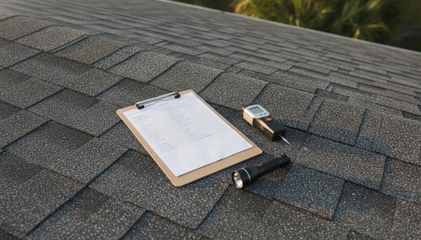 Illustration: inspection clipboard, moisture meter and flashlight on a shingle roof