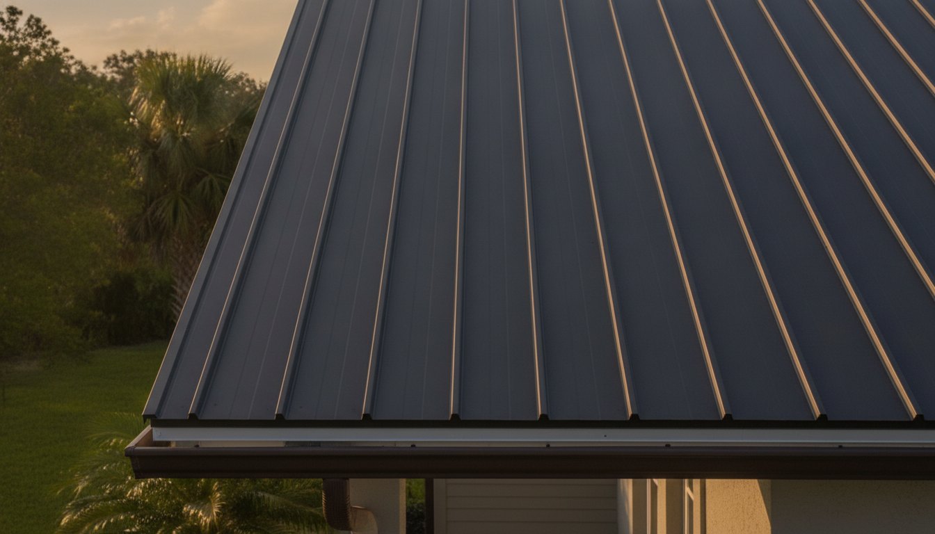Illustration: charcoal standing seam metal roof panels at a house eave