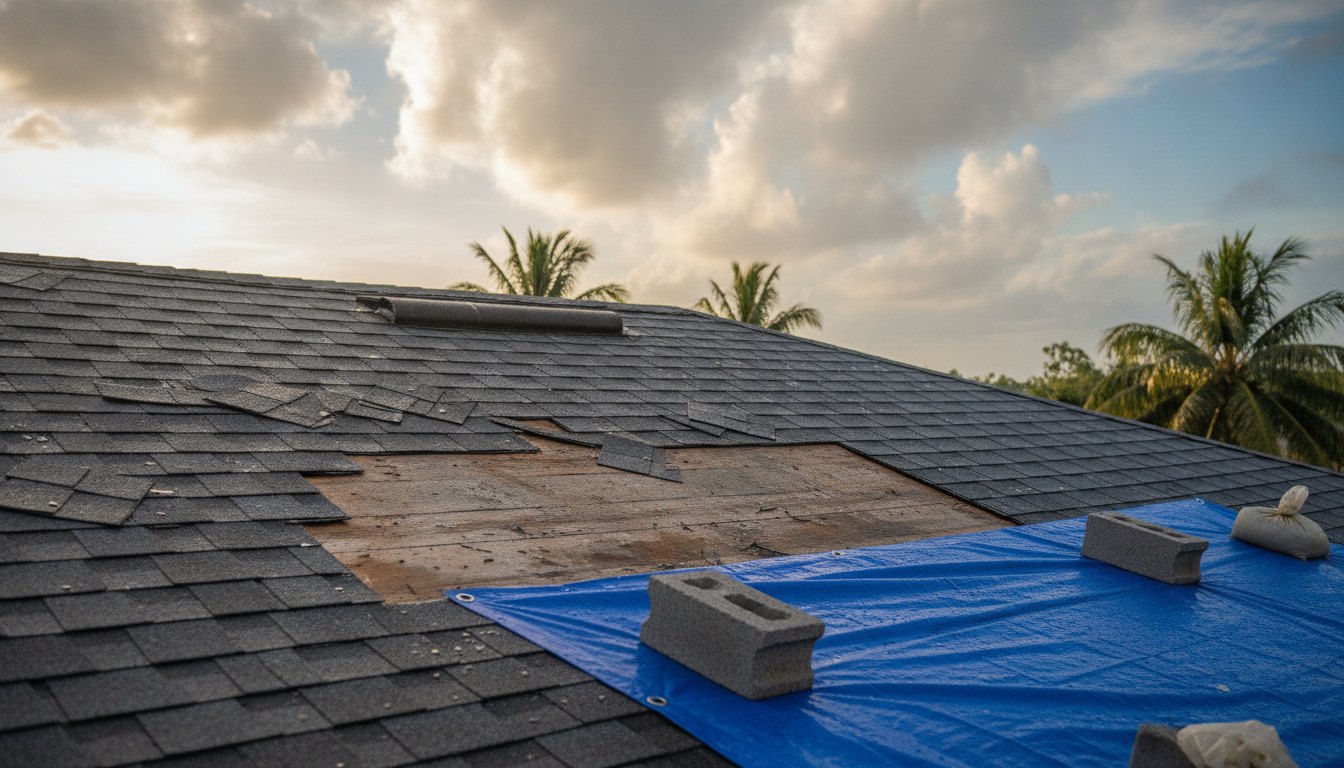 Illustration: wind-damaged shingle roof with a weighted tarp after a storm