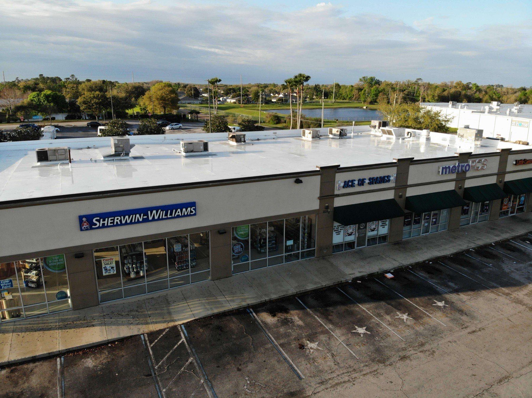 TPO single-ply roof replacement on a commercial property in Waterford Lakes, Orlando